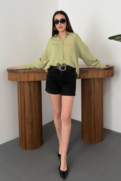 Yeşil Nakışlı Oversize Gömlek