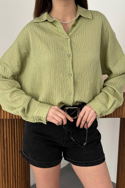 Yeşil Nakışlı Oversize Gömlek