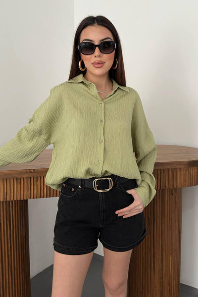 Yeşil Nakışlı Oversize Gömlek