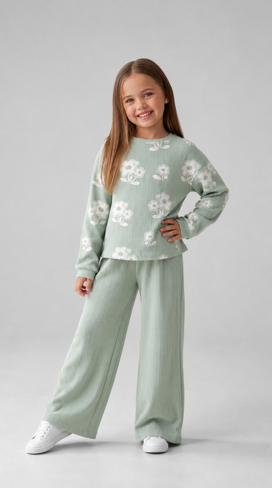 Tuffy Set Copilă Tricot Jacquard Design Flori-03245 - Latte