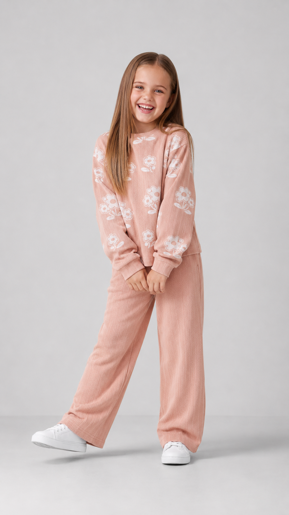 Tuffy Set Copilă Tricot Jacquard Design Flori-03245 - Latte