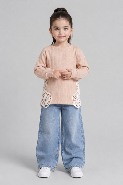 Tuffy Dantela Detaliu Jacard Tricot Tela Fetite Bluza - 01395 - Negru