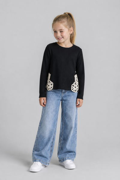 Tuffy Dantel Detaylı Jakarlı Örme Kumaş Kız Çocuk Sweatshirt-01665 - Siyah