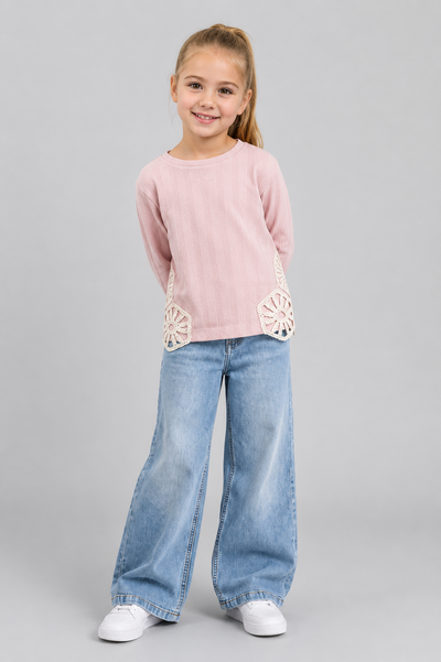 Tuffy Sweatshirt Copilă Tricot Jacquard Țesătură cu Detalii Dantela-01665 - Ecru