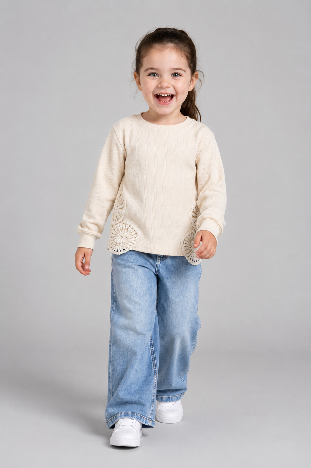Tuffy Dantela Detaliu Jacard Tricot Tela Fetite Bluza - 01395 - Ecru