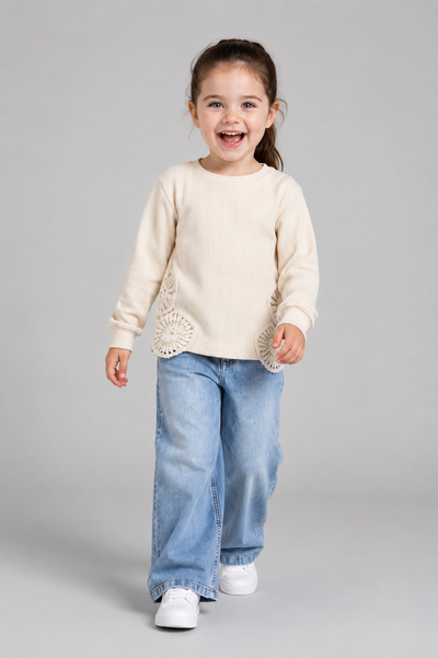 Tuffy Dantel Detaylı Jakarlı Örme Kumaş Kız Çocuk Sweatshirt-01395 - Latte