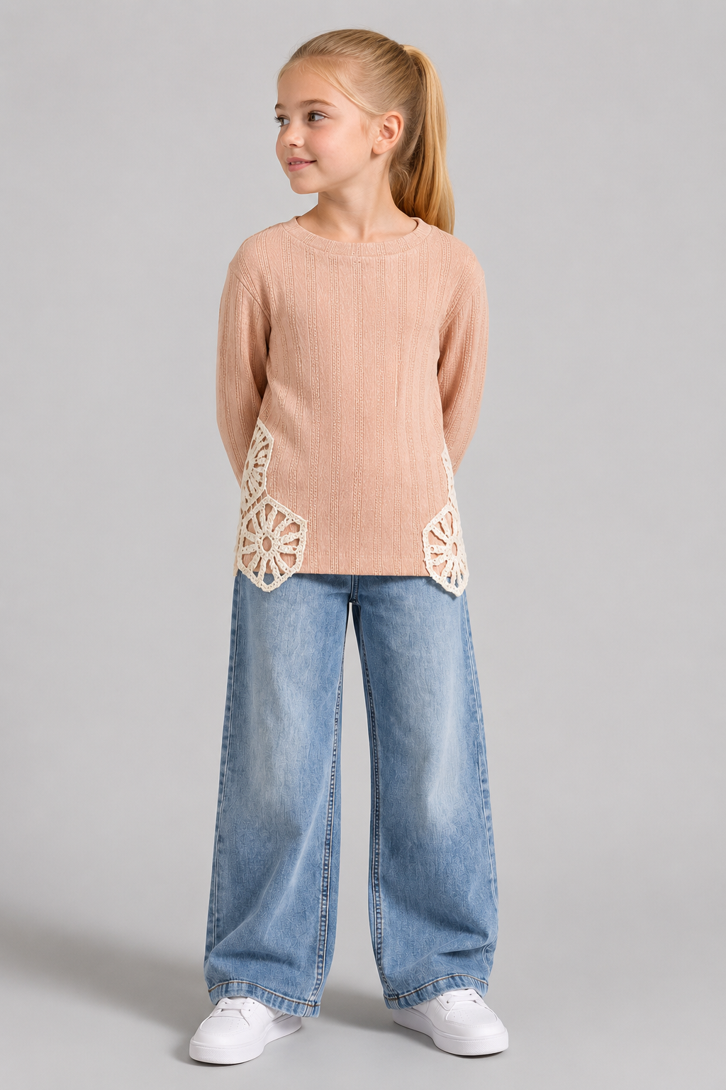 Tuffy Sweatshirt Copilă Tricot Jacquard Țesătură cu Detalii Dantela-01665 - Pink 2