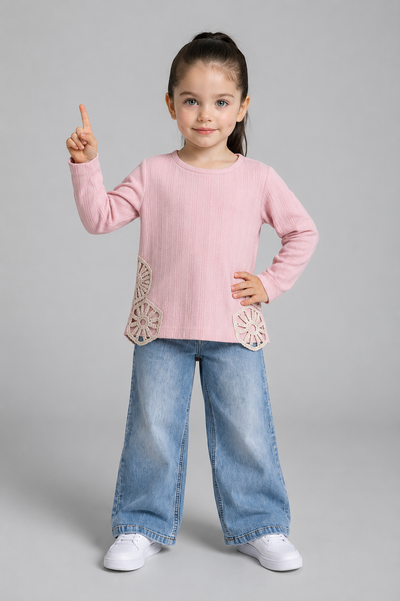 Tuffy Sweatshirt Copilă Tricot Jacquard Țesătură cu Detalii Dantela-01395 - Pink 2