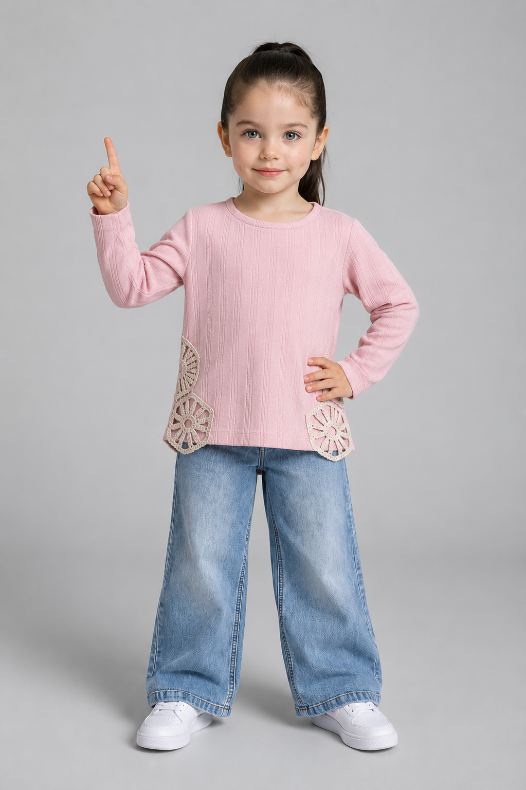 Tuffy Dantel Detaylı Jakarlı Örme Kumaş Kız Çocuk Sweatshirt-01395 - Latte