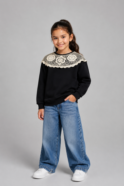Tuffy Sweatshirt Copilă cu Guler Dantela Detaliat-01525 - Latte