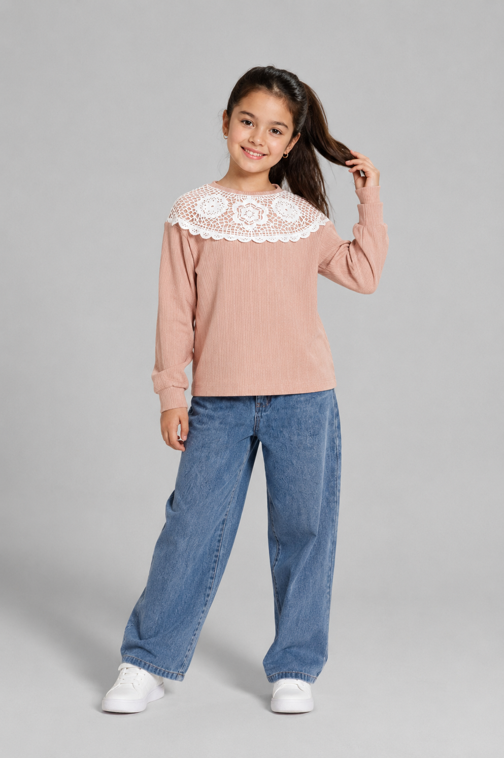 Tuffy Sweatshirt Copilă cu Guler Dantela Detaliat-01525 - Latte