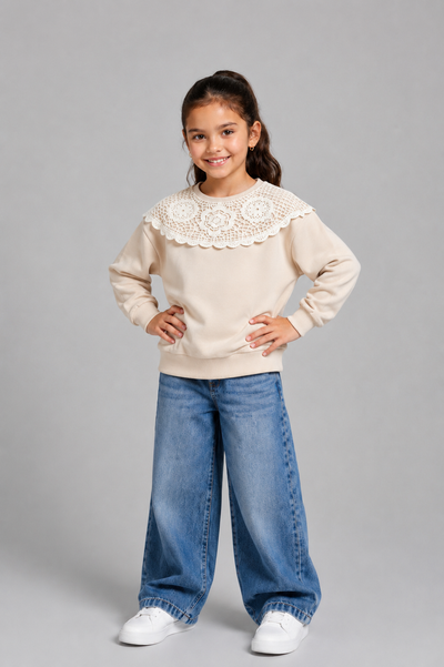 Tuffy Sweatshirt Copilă cu Guler Dantela Detaliat-01525 - Negru