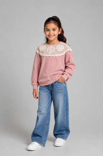 Tuffy Sweatshirt Copilă cu Guler Dantela Detaliat-01525 - Negru