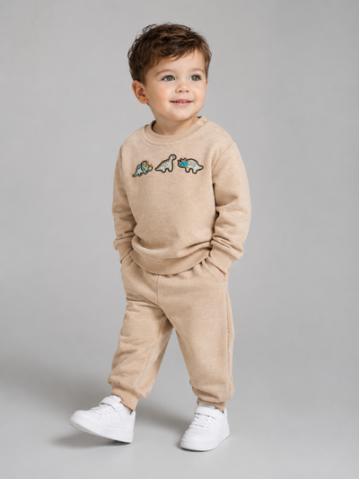 Tuffy Set Bebe Băiat Tematic Dinozaur Țesătură Diagonală-03545 - Bej