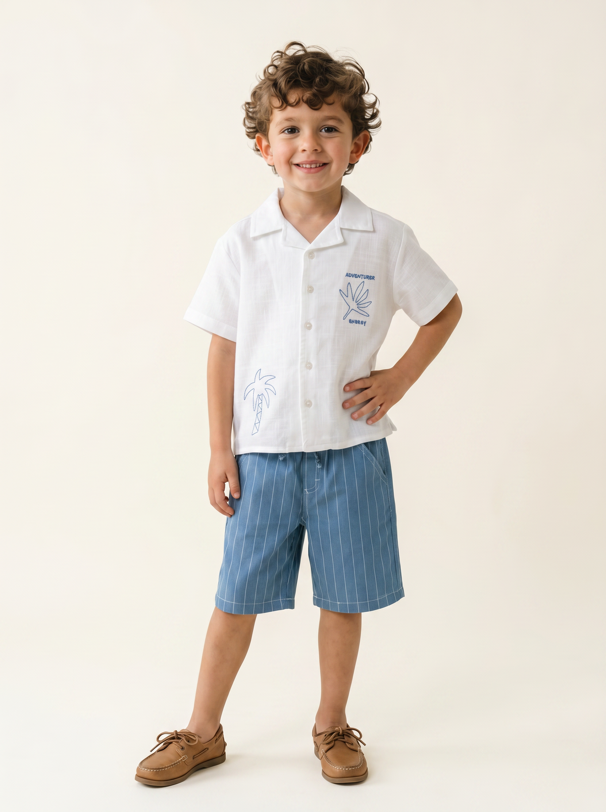 Tuffy Băiat Denim Dungi Pantaloni Scurți Costum Doi Piese-6726 - Alb