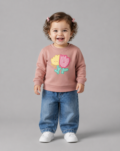 Tuffy Fluffy Tulip Baskılı Kız Bebek Sweatshirt-01105 - Ekru