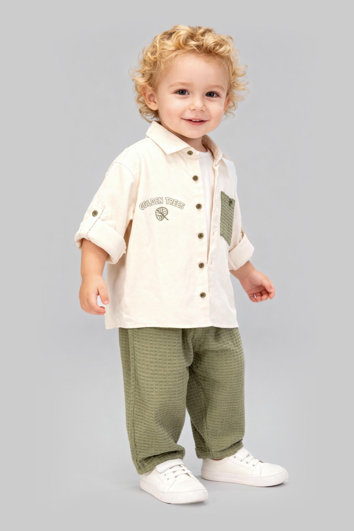 Tuffy Golden Trees Baskılı Erkek Bebek Dokuma Üçlü Takım-03755 - Bej