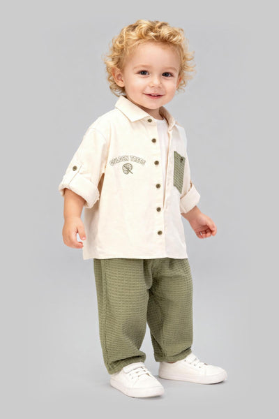 Tuffy Ansamblu Triplu în Țesătură Ușoară cu Tipărit Golden Trees pentru Bebeluș Băiat-03755 - Khaki Deschis