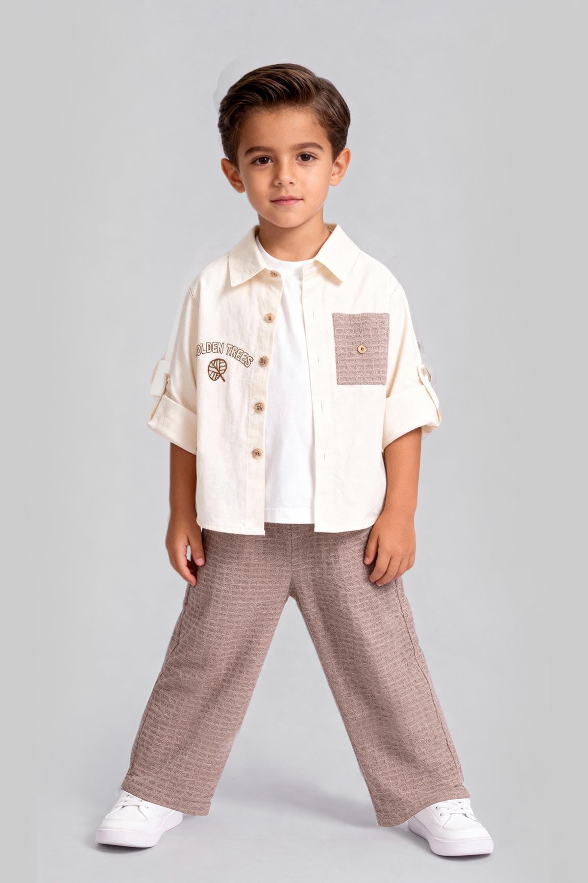 Tuffy Ansamblu Triplu în Țesătură Ușoară cu Tipărit Golden Trees pentru Copil Băiat-04255 - Bej