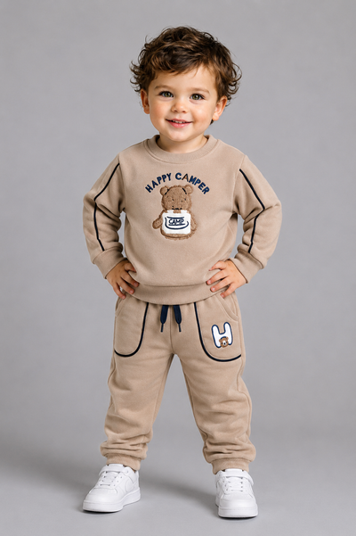 Tuffy Set Bebe Băiat Brodat Happy Camper-03535 - Cacao Lapte
