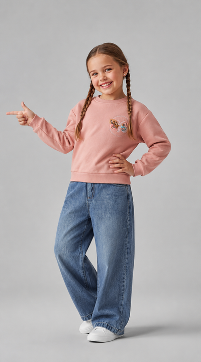 Tuffy Sweatshirt Copilă Șardonat Brodat Fluture-01605 - Roz Uscat