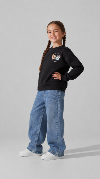 Tuffy Sweatshirt Copilă Șardonat Brodat Fluture-01605 - Negru