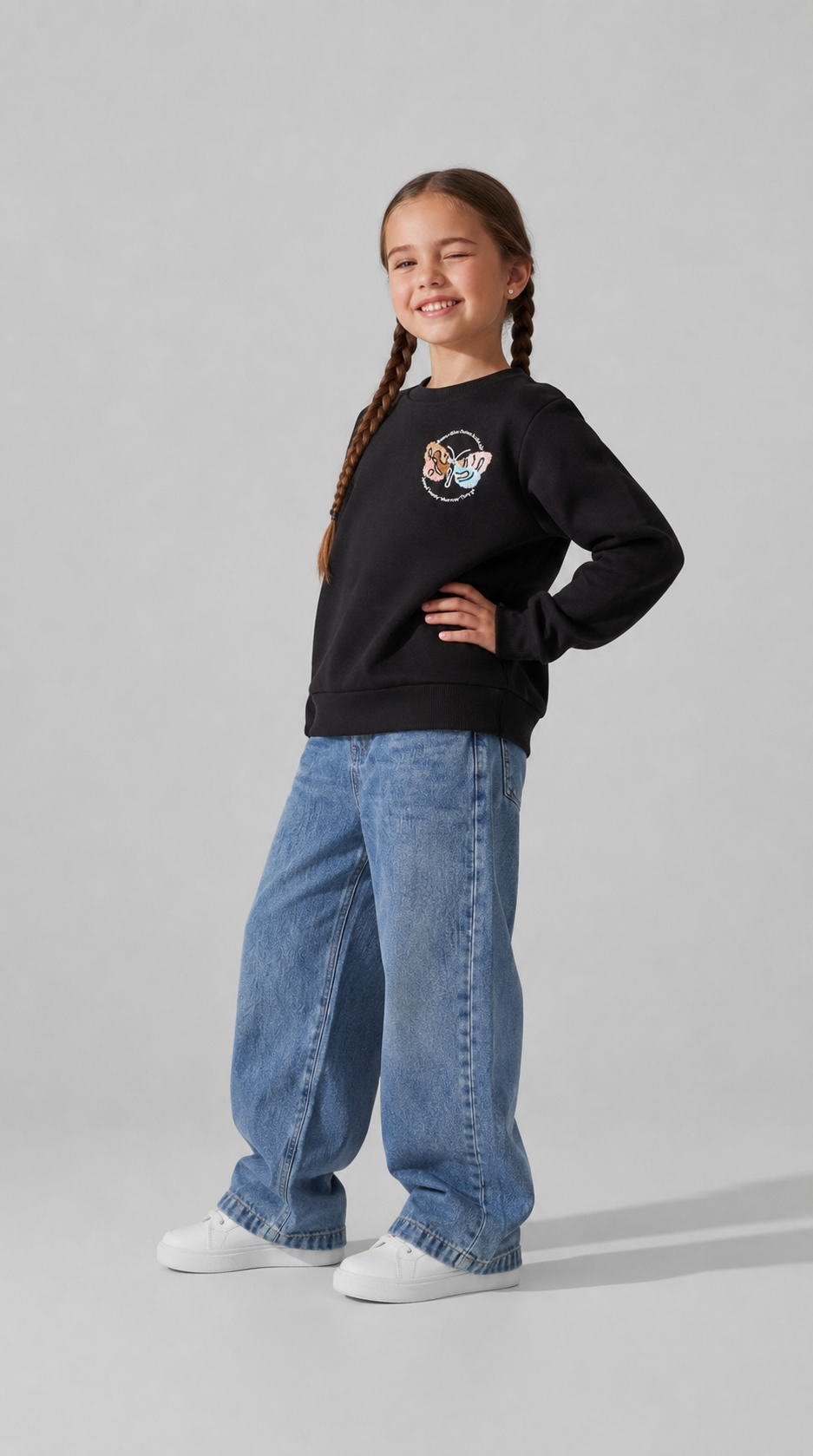 Tuffy Sweatshirt Copilă Șardonat Brodat Fluture-01605 - Ecru