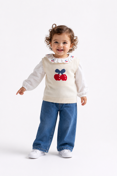 Tuffy Kiraz Nakışlı Kız Bebek Trikolu Takım-02165 - Ekru