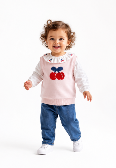 Set Tuffy cu broderie Cireșe pentru bebelușe fete-02165 - Roz
