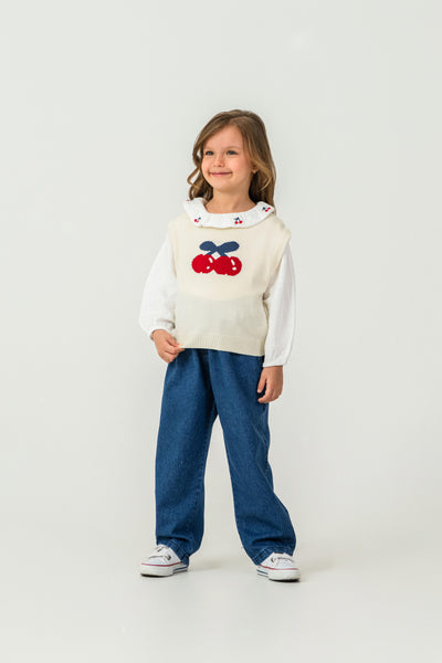 Set Tuffy cu broderie Cireșe pentru fete-02825 - Ecru