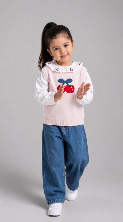 Set Tuffy cu broderie Cireșe pentru fete-02825 - Ecru