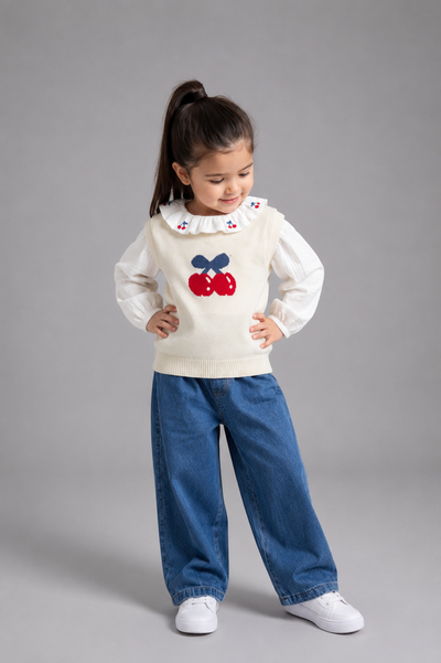 Set Tuffy cu broderie Cireșe pentru fete-02825 - Ecru