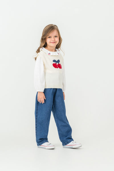 Set Tuffy cu broderie Cireșe pentru fete-02825 - Ecru