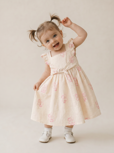 Tuffy Kız Bebek Çiçek Detaylı Elbise-3296-R - Ekru Pembe
