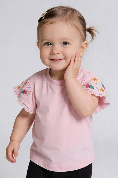 Tuffy Kız Bebek Çiçek Nakış Detaylı T-Shirt-1606 - Ekru