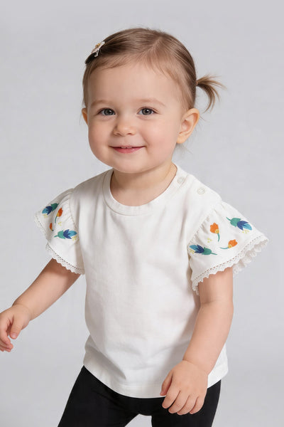 Tuffy Kız Bebek Çiçek Nakış Detaylı T-Shirt-1606 - Ekru