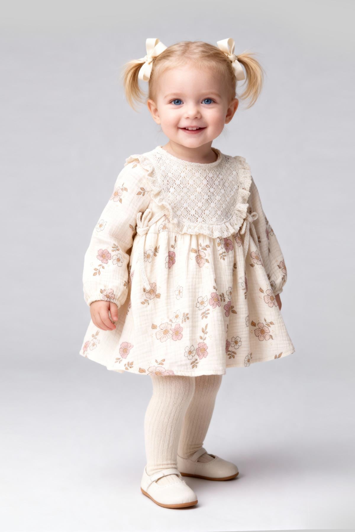Rochie Tuffy din Muselină cu Model pentru bebelușe fete-02275 - Bej