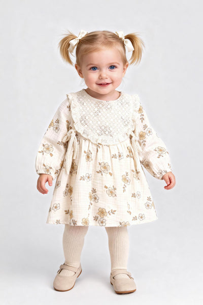 Rochie Tuffy din Muselină cu Model pentru bebelușe fete-02275 - Bej