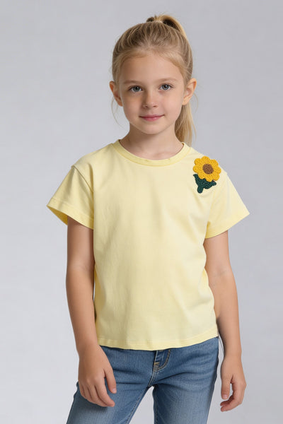 Tuffy Kız Çocuk Ayçiçek Nakış Detaylı T-Shirt-2036 - Yeşil