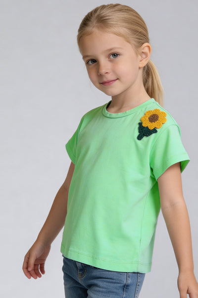 Tuffy Kız Çocuk Ayçiçek Nakış Detaylı T-Shirt-2036 - Yeşil