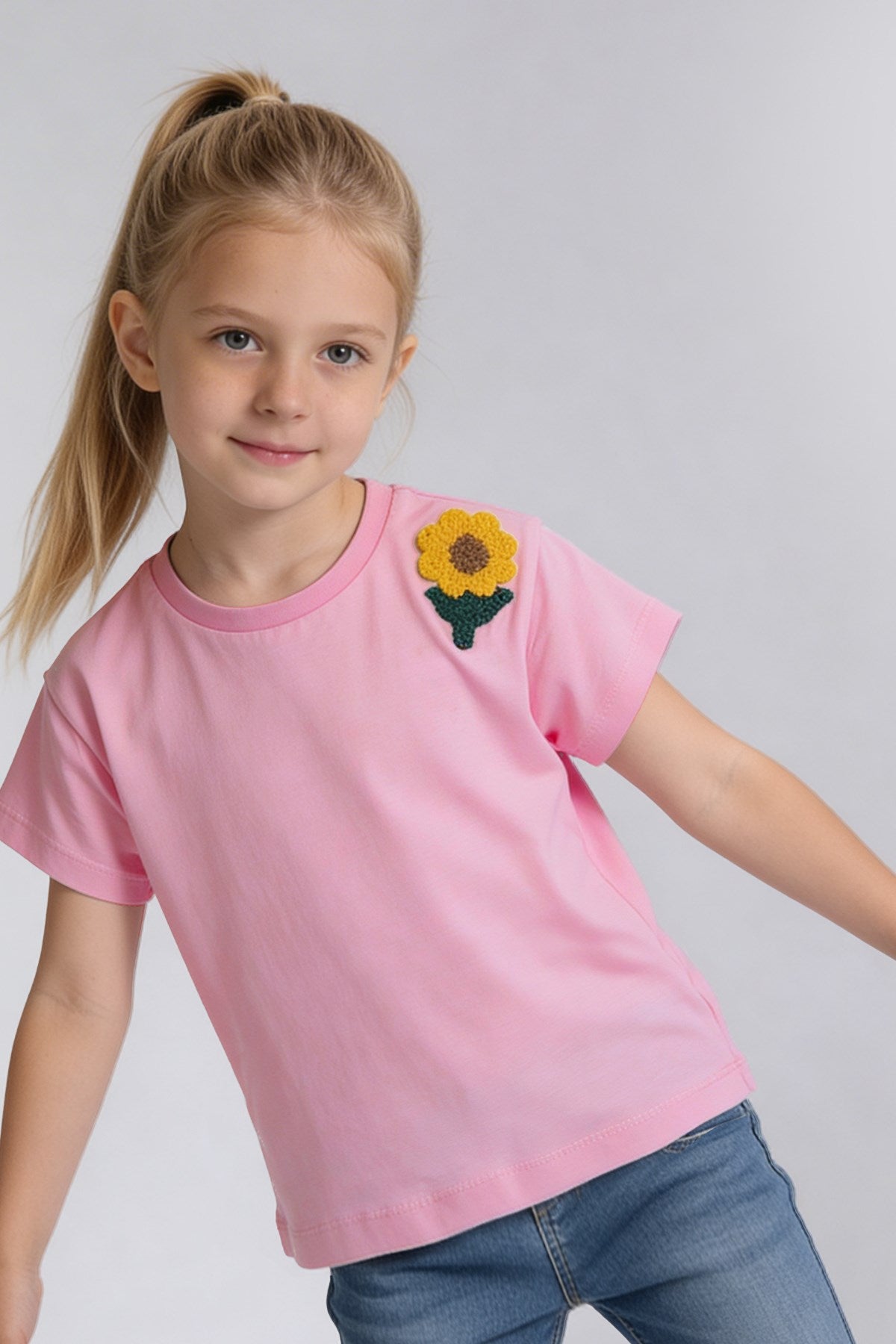 Tuffy Kız Çocuk Ayçiçek Nakış Detaylı T-Shirt-2036 - Yeşil