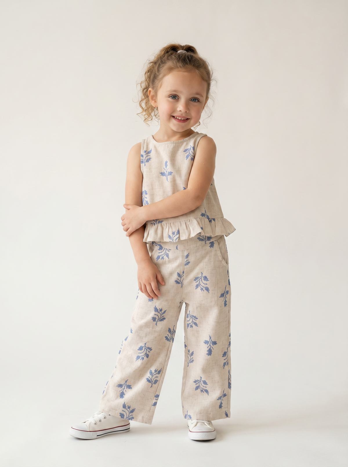 Tuffy Set Dublu Fete cu Detaliu Floare-4406-1 - Ecru Albastru