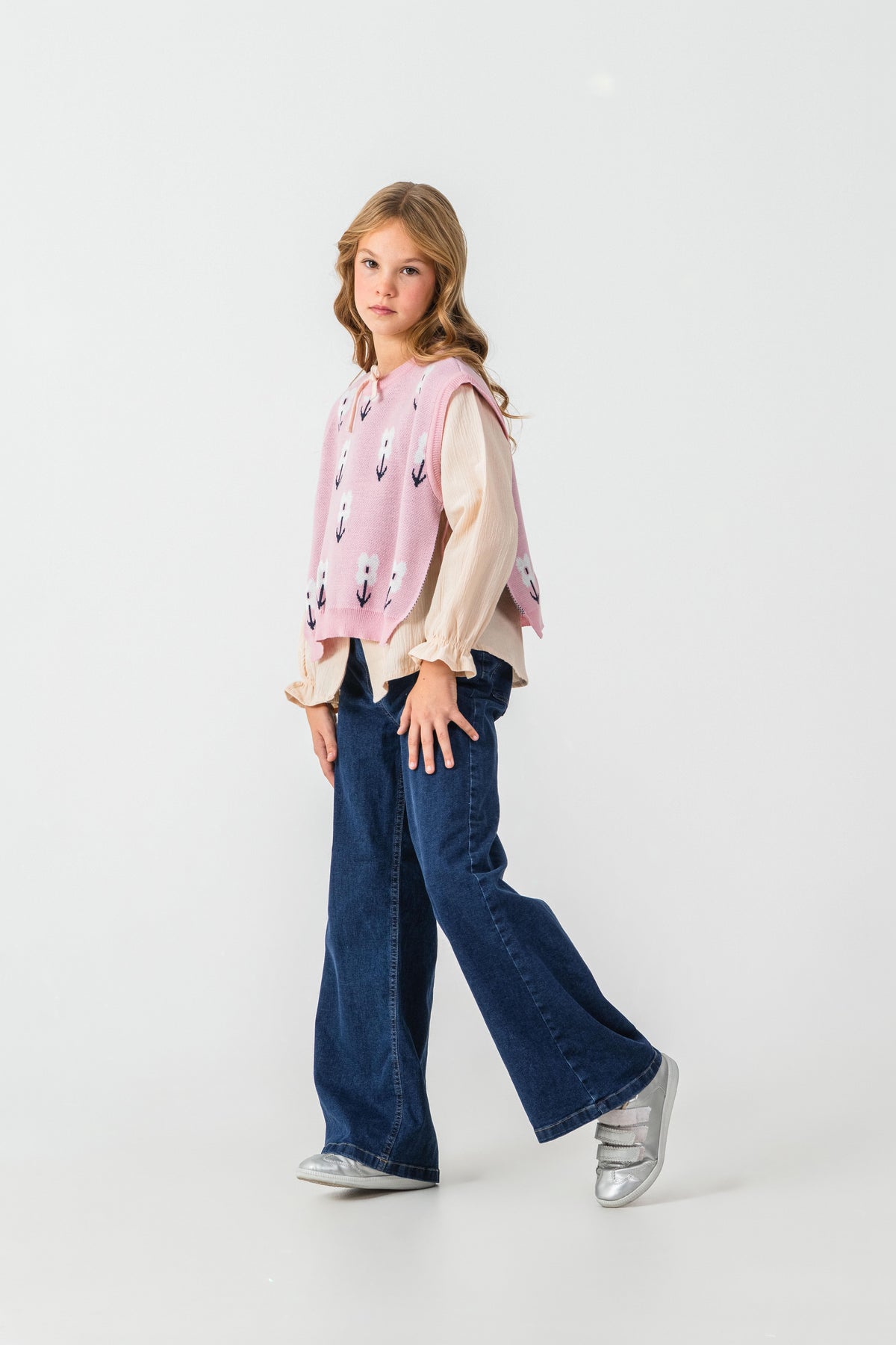 Set de tricot triplu Tuffy cu detaliu Floare pentru fete-03115 - Roz