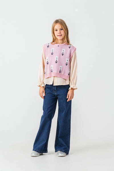 Set de tricot triplu Tuffy cu detaliu Floare pentru fete-03115 - Roz