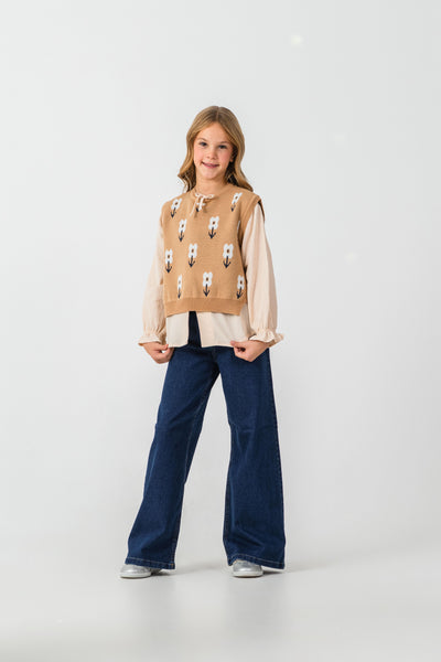 Set de tricot triplu Tuffy cu detaliu Floare pentru fete-03115 - Roz
