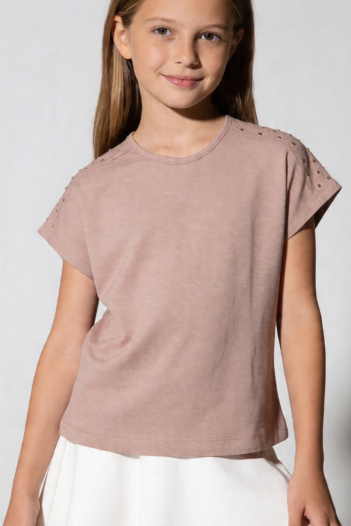 Tuffy Tricou Fete cu Detaliu Piatră-2416 - Maro Deschis