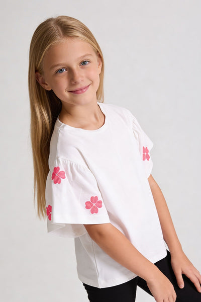Tuffy Kız Çocuk Yonca Çiçek Detaylı T-Shirt-2356 - Açık Pembe