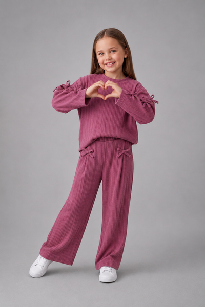 Tuffy Set Copilă Tricot Jacquard cu Detalii Panglică la Mânecă-03105 - Roz Uscat