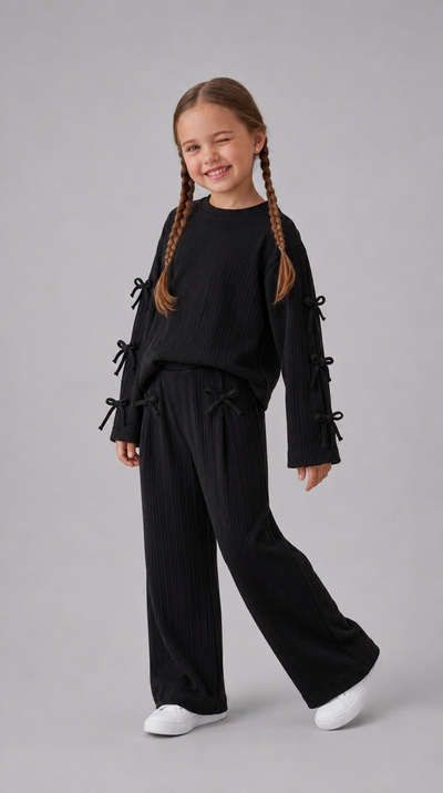 Tuffy Set Copilă Tricot Jacquard cu Detalii Panglică la Mânecă-03105 - Negru