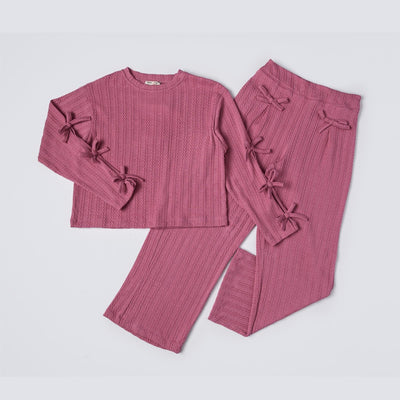 Tuffy Set Copilă Tricot Jacquard cu Detalii Panglică la Mânecă-03105 - Roz Uscat